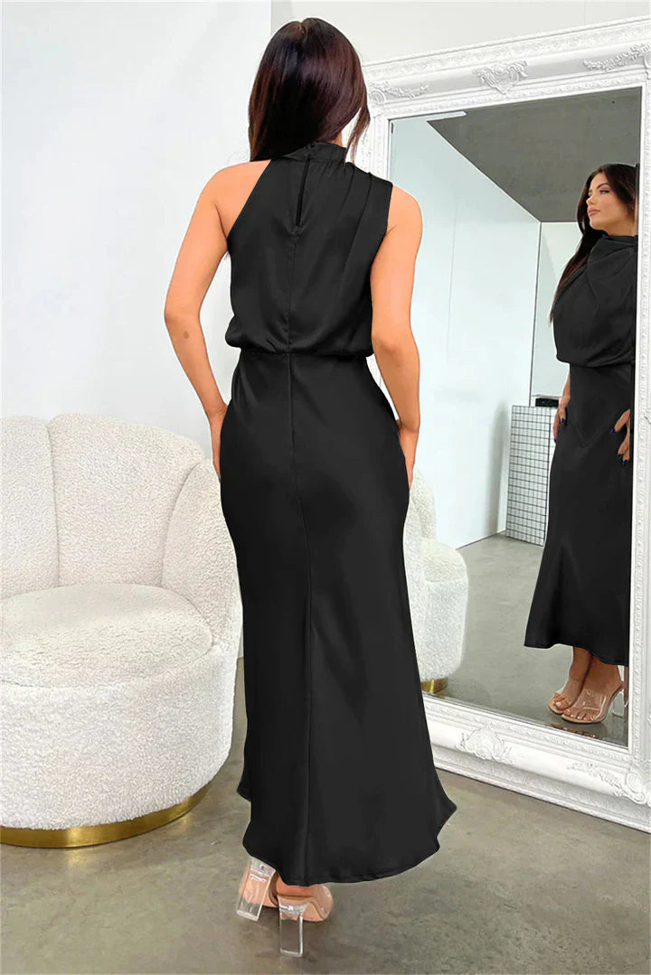 Daisy – Draped neckline – Satin midi dress-10174856397127-Ivory Ombre