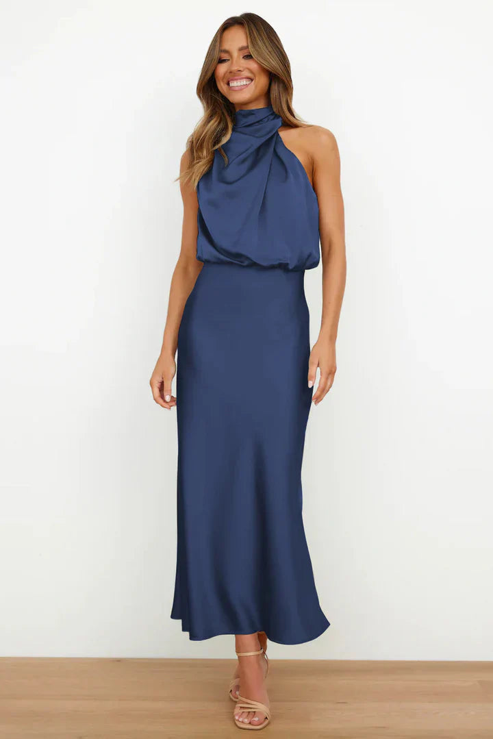 Daisy – Draped neckline – Satin midi dress-10174856397127-Ivory Ombre