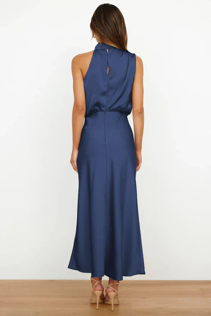 Daisy – Draped neckline – Satin midi dress-10174856397127-Ivory Ombre