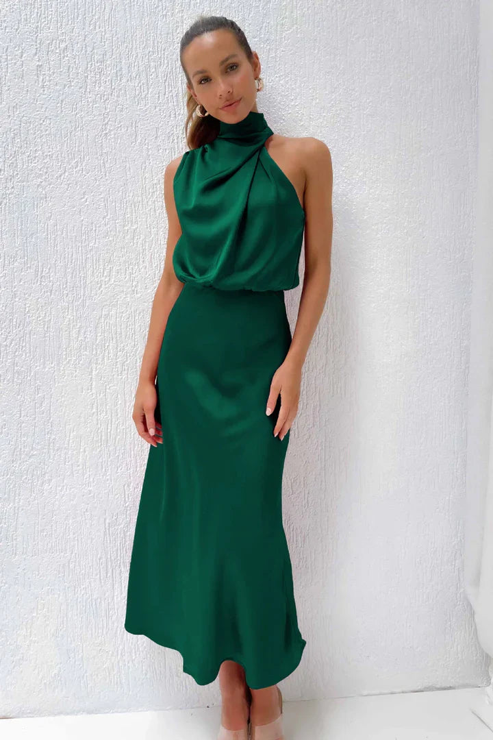 Daisy – Draped neckline – Satin midi dress-10174856397127-Ivory Ombre