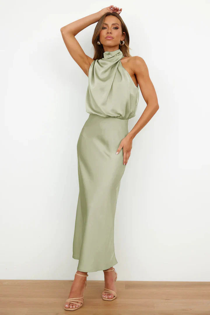 Daisy – Draped neckline – Satin midi dress-10174856397127-Ivory Ombre