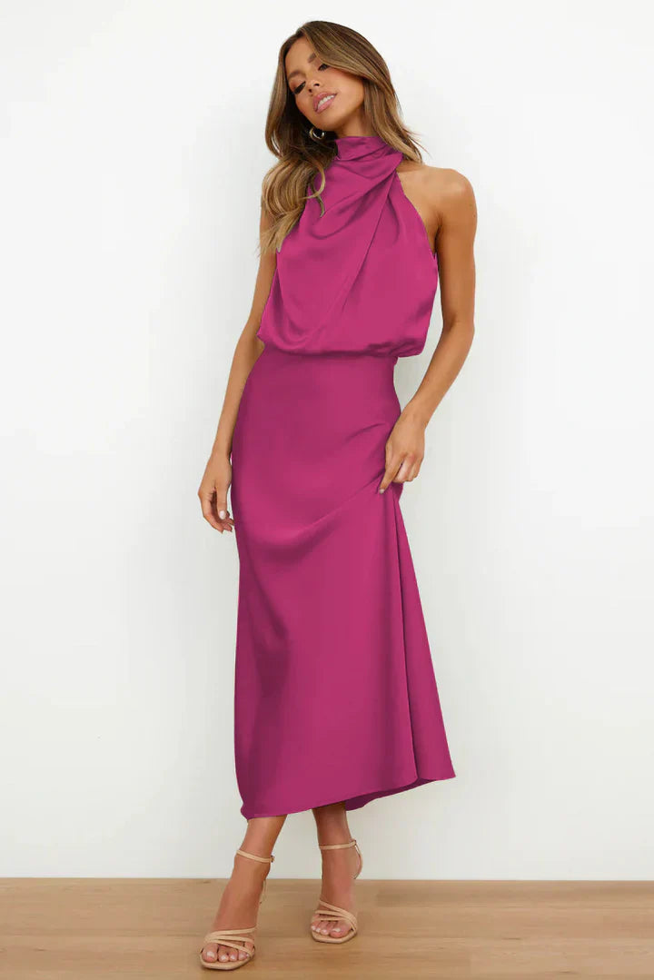 Daisy – Draped neckline – Satin midi dress-10174856397127-Ivory Ombre