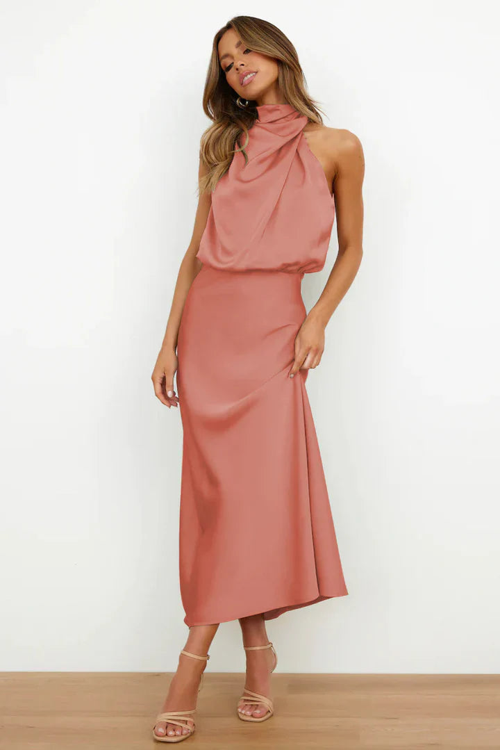 Daisy – Draped neckline – Satin midi dress-10174856397127-Ivory Ombre