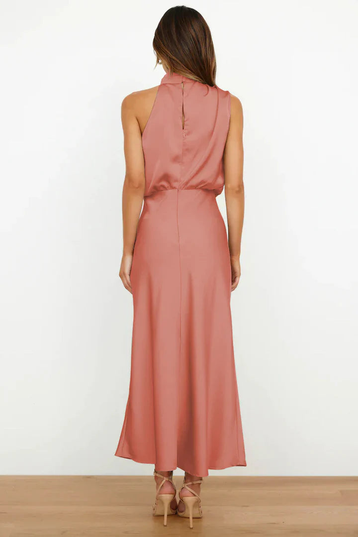 Daisy – Draped neckline – Satin midi dress-10174856397127-Ivory Ombre