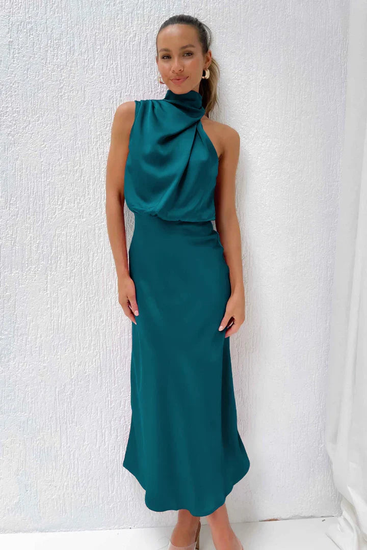 Daisy – Draped neckline – Satin midi dress-10174856397127-Ivory Ombre