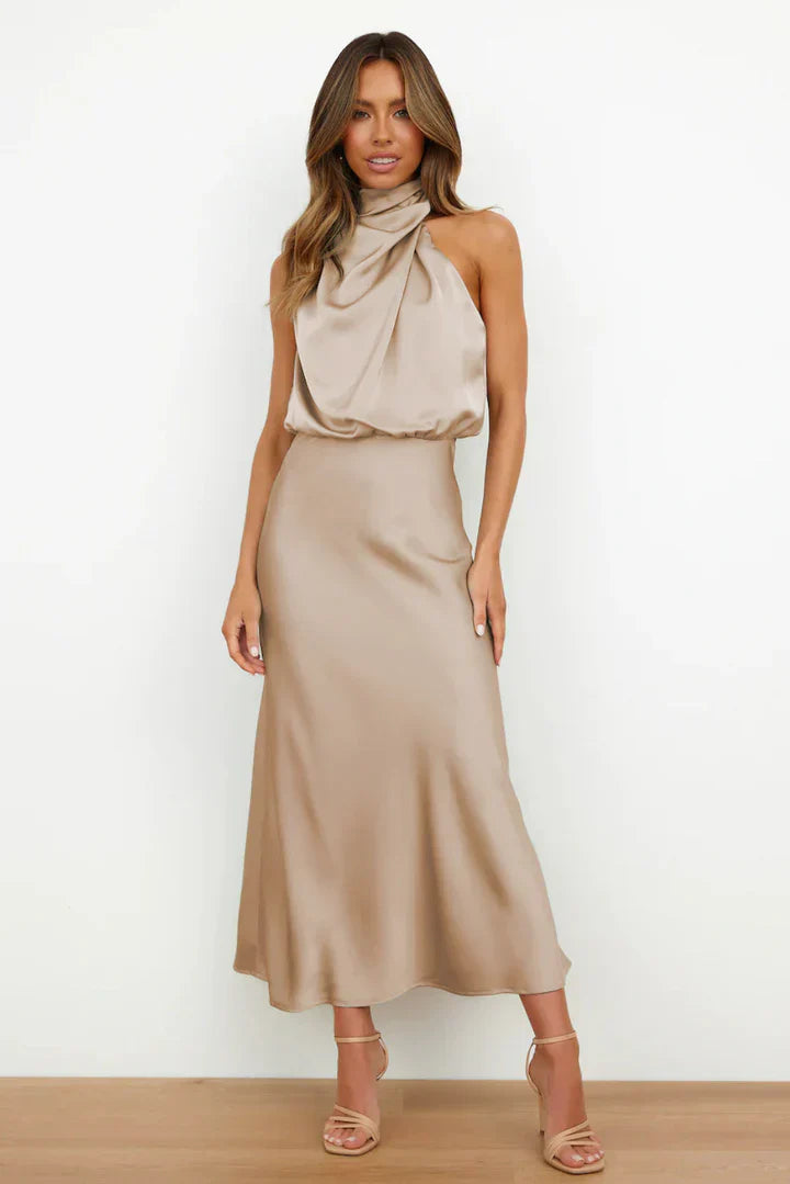 Daisy – Draped neckline – Satin midi dress-10174856397127-Ivory Ombre