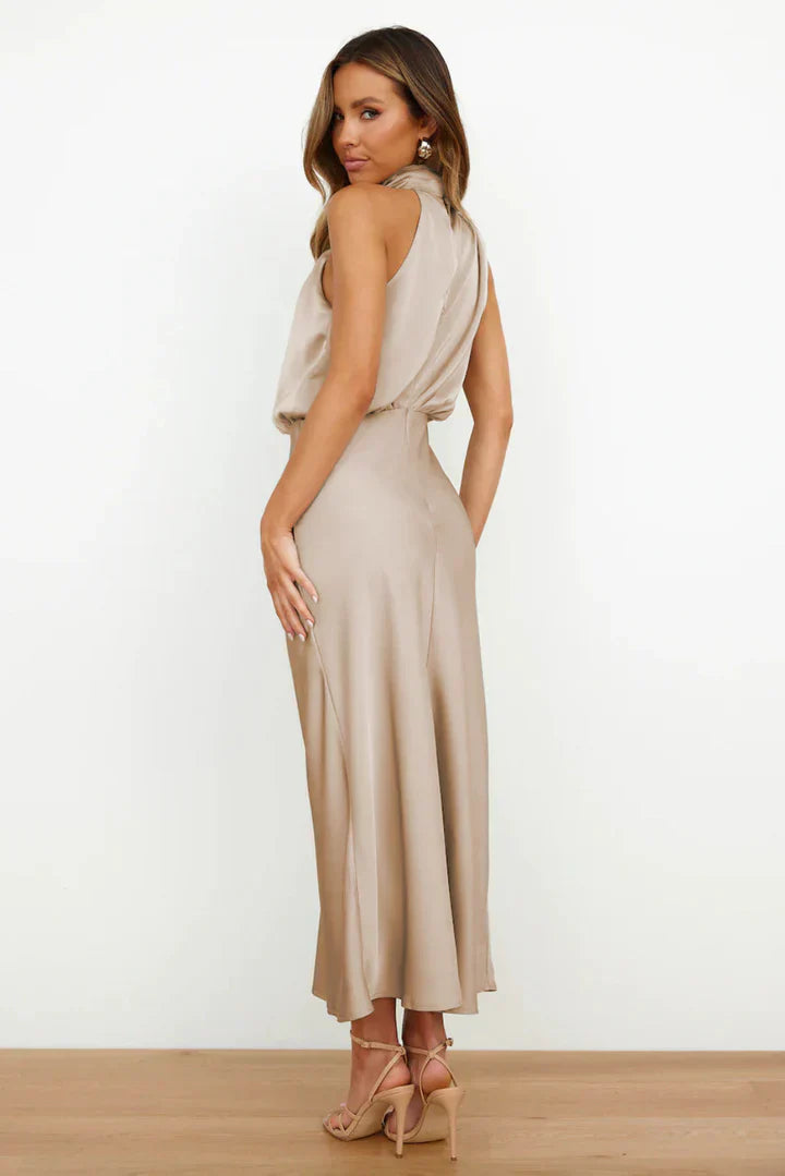 Daisy – Draped neckline – Satin midi dress-10174856397127-Ivory Ombre