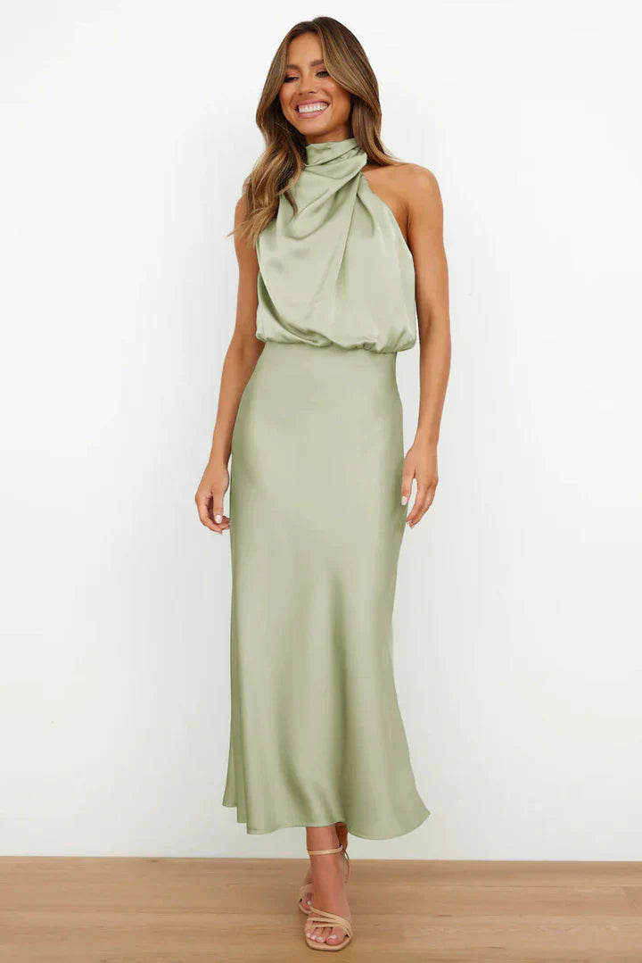 Daisy – Draped neckline – Satin midi dress-10174856397127-Ivory Ombre