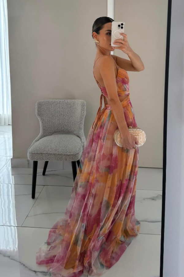 Eirith – Lace-up floral detail – Maxi dress-10174733353287-Ivory Ombre