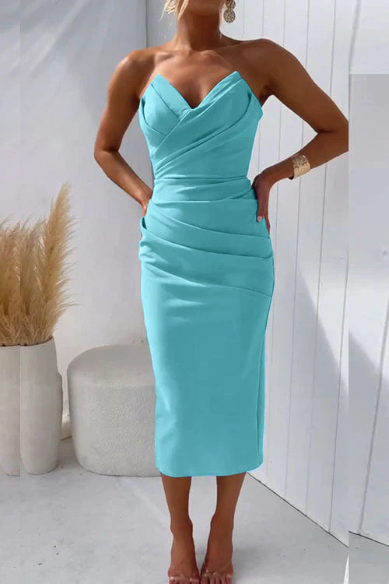 Elisanta – Draped neckline – Midi dress-10195582714183-Ivory Ombre