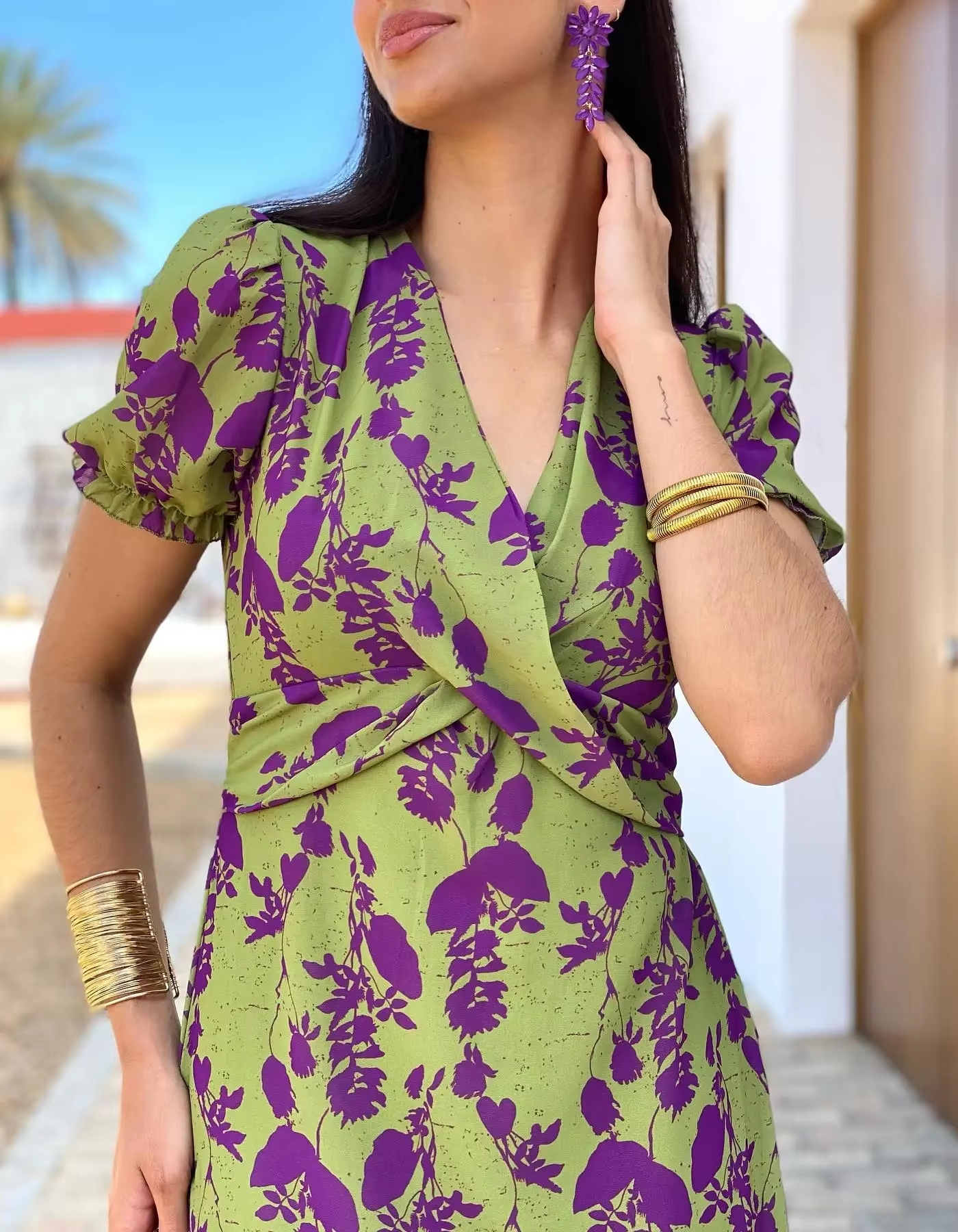 Elvienne – Floral wrap design – Midi dress-10174865211719-Ivory Ombre