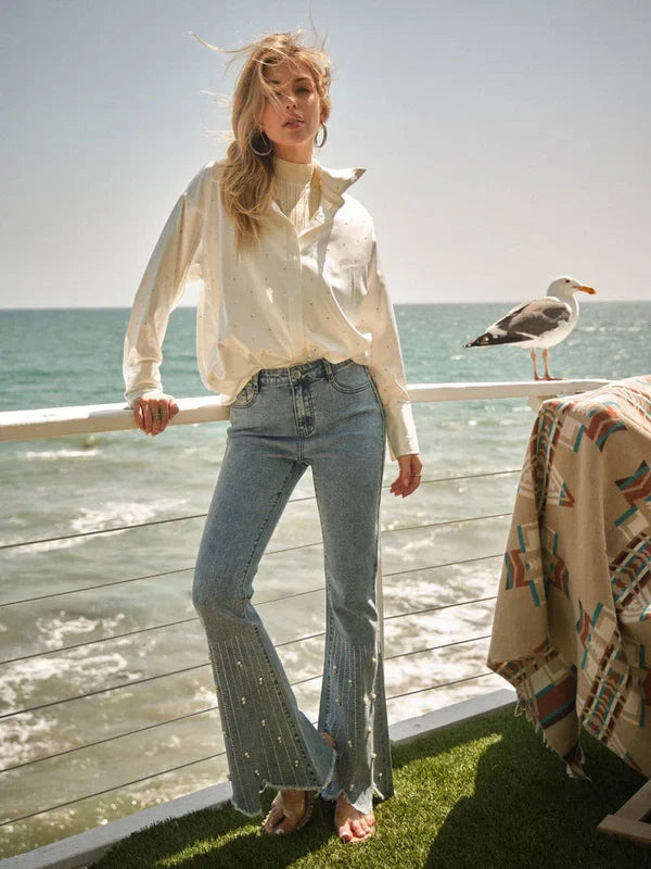 Emanuela – Rhinestone embellished – Boot cut flared jeans-10174844633415-Ivory Ombre