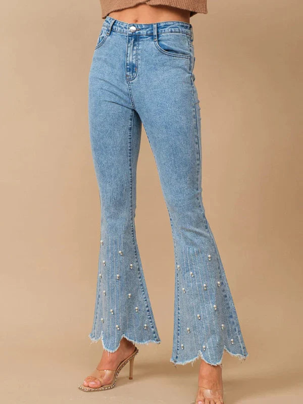 Emanuela – Rhinestone embellished – Boot cut flared jeans-10174844633415-Ivory Ombre