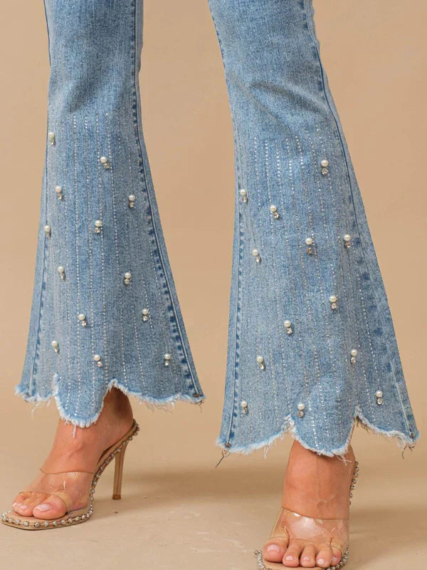 Emanuela – Rhinestone embellished – Boot cut flared jeans-10174844633415-Ivory Ombre