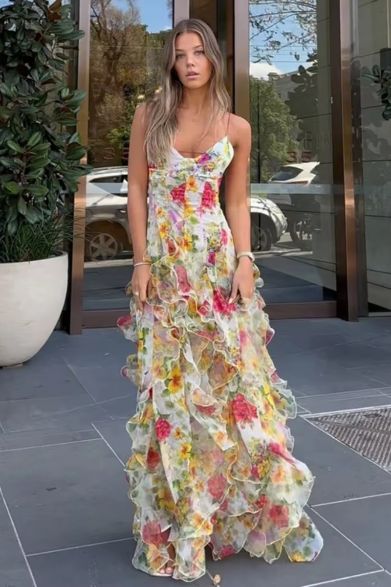 Fiorella – Floral print – Ruffled maxi dress-10174730273095-Ivory Ombre