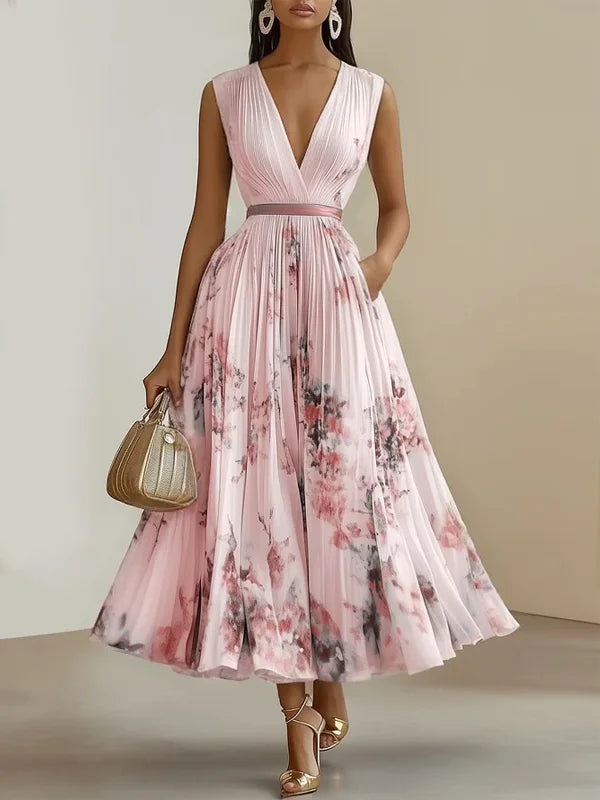 Fiorilune – Watercolour bloom – Pleated midi dress-10196495827271-Ivory Ombre