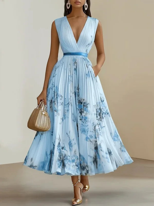 Fiorilune – Watercolour bloom – Pleated midi dress-10196495827271-Ivory Ombre
