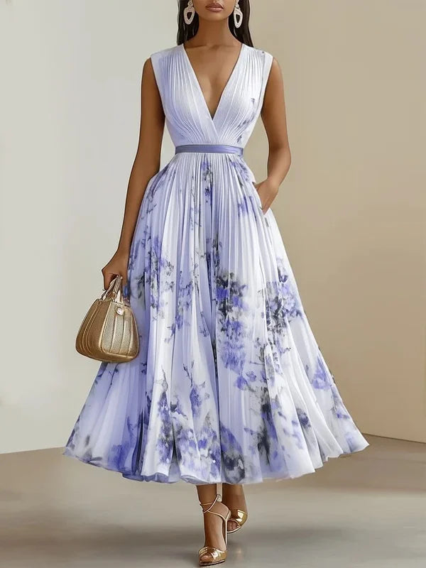 Fiorilune – Watercolour bloom – Pleated midi dress-10196495827271-Ivory Ombre