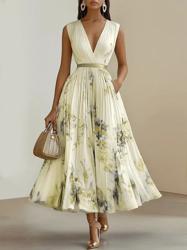 Fiorilune – Watercolour bloom – Pleated midi dress-10196495827271-Ivory Ombre