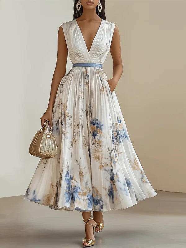 Fiorilune – Watercolour bloom – Pleated midi dress-10196495827271-Ivory Ombre