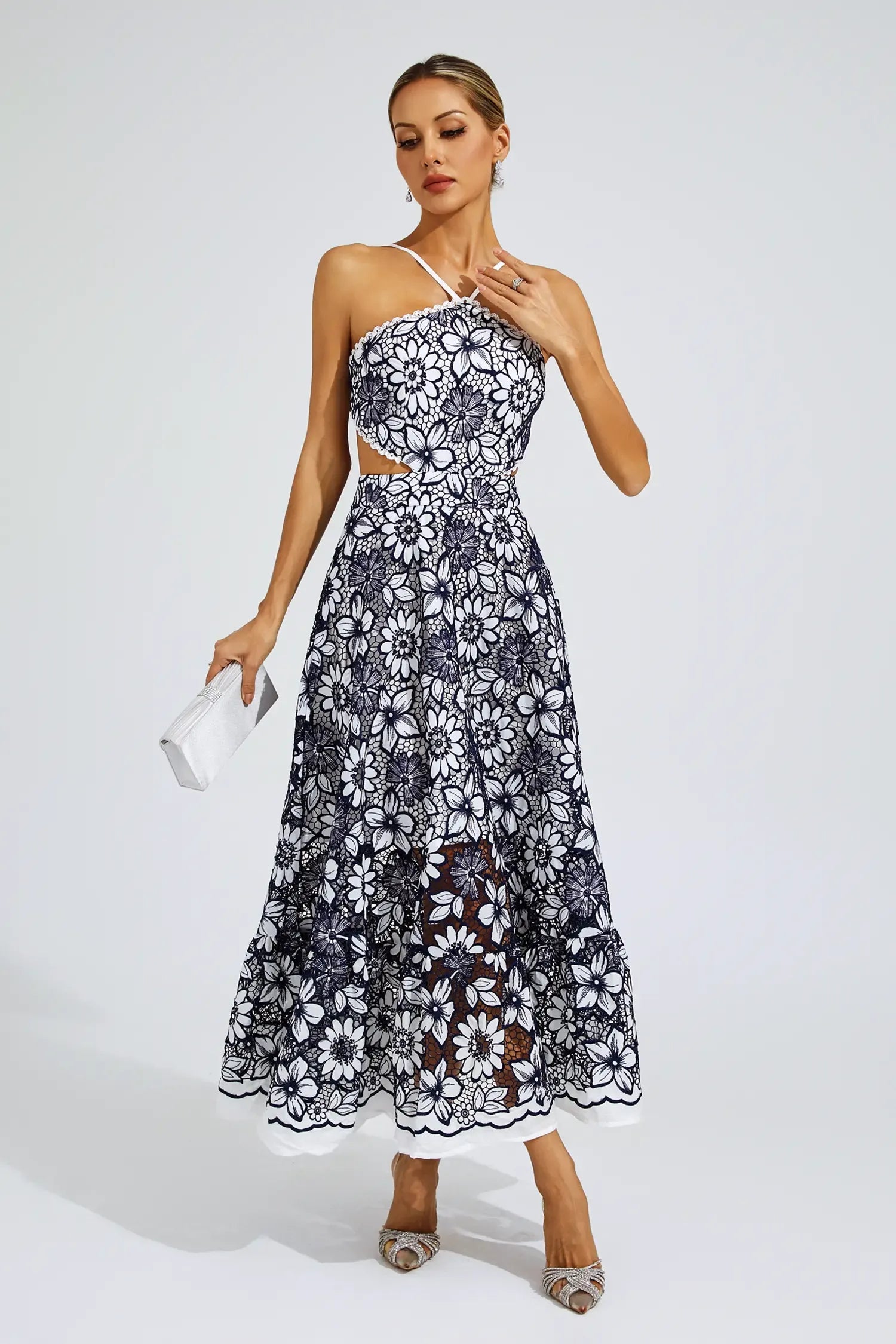 Floretta – Floral lace charm – Halter midi dress-10174852038983-Ivory Ombre