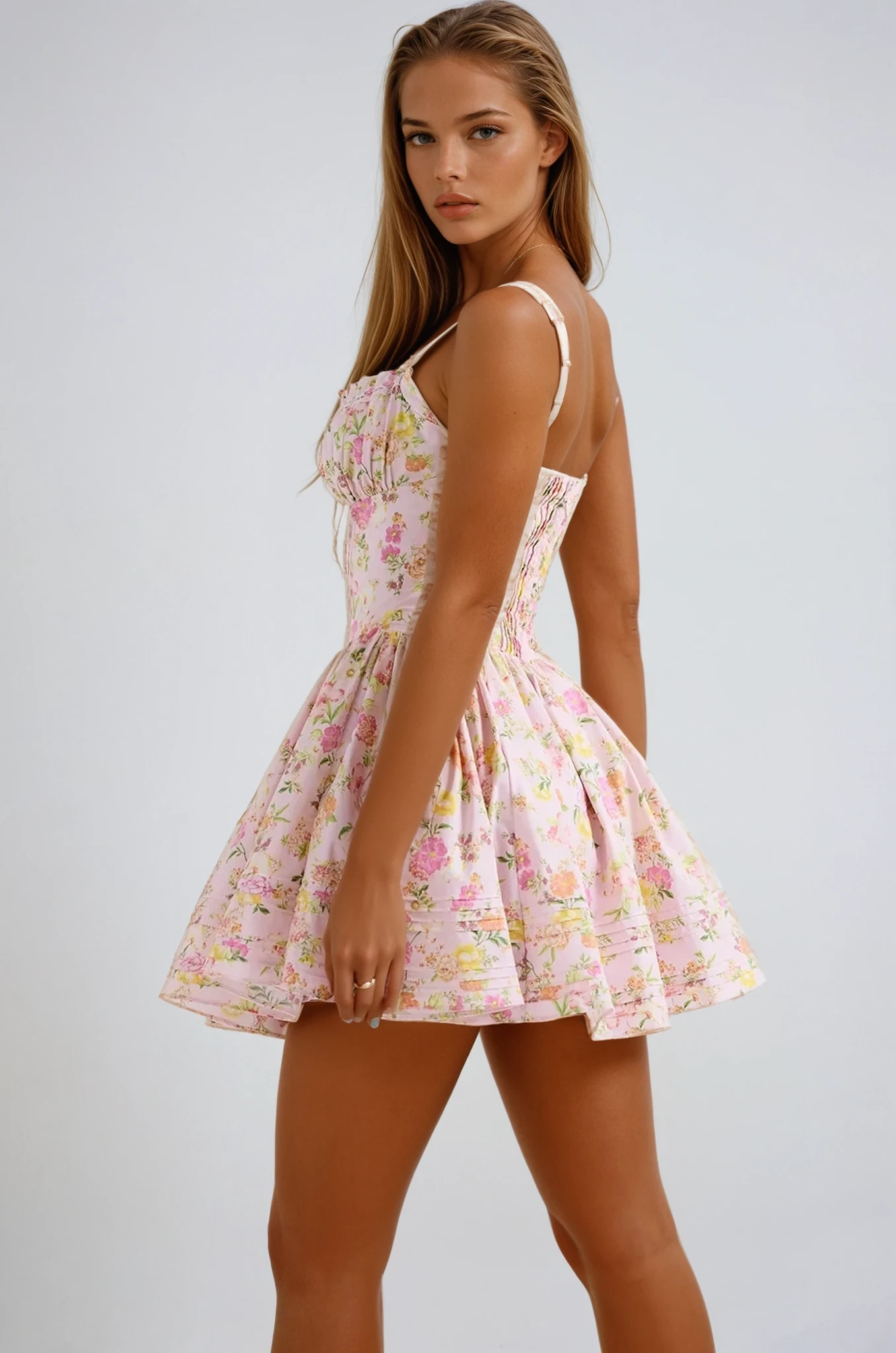 Florevette – Ruched bodice – Floral mini dress-10174867374407-Ivory Ombre