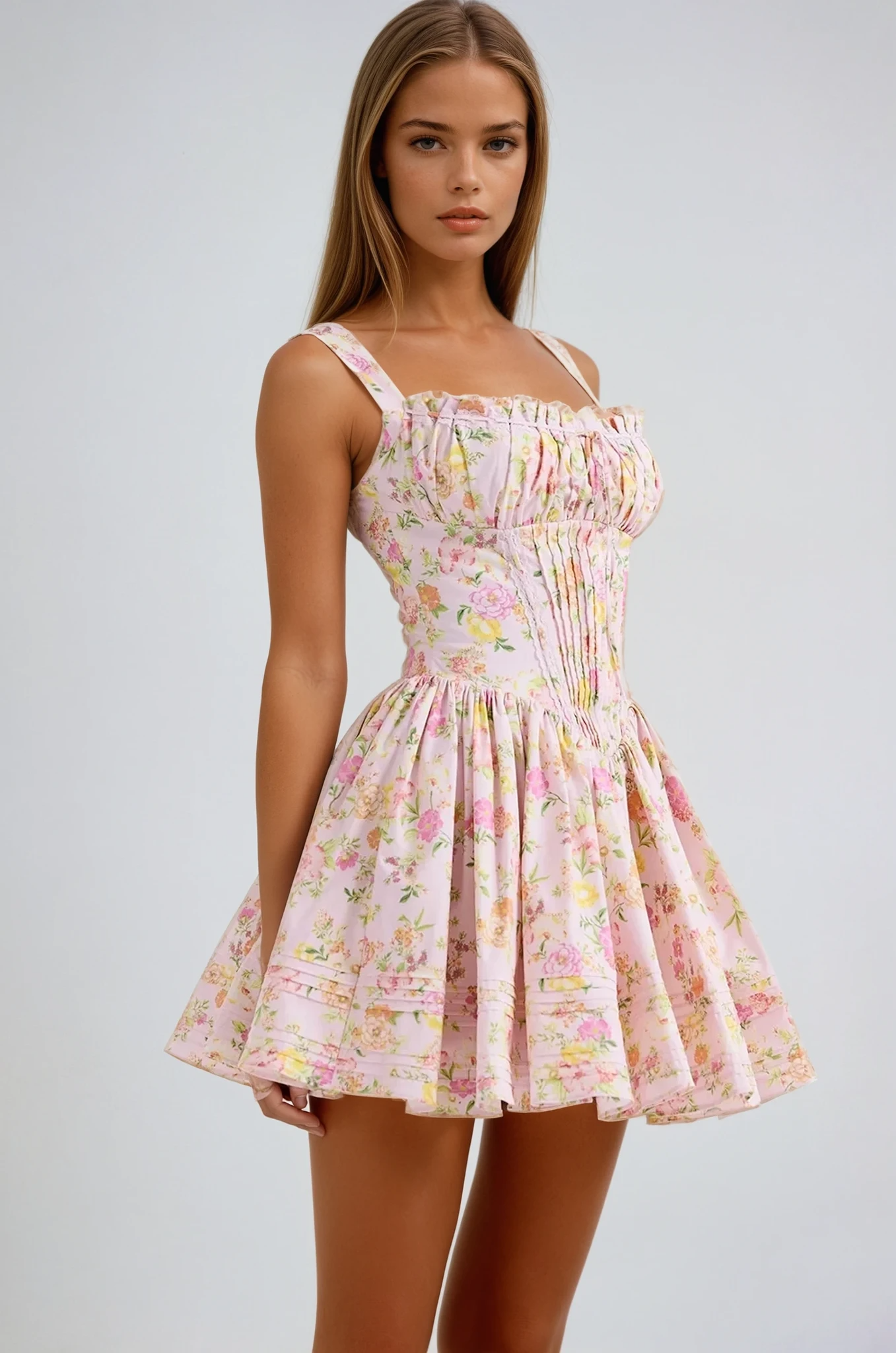 Florevette – Ruched bodice – Floral mini dress-10174867374407-Ivory Ombre