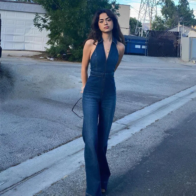 Gabrielle – V-neckline – Denim jumpsuit-10174842077511-Ivory Ombre