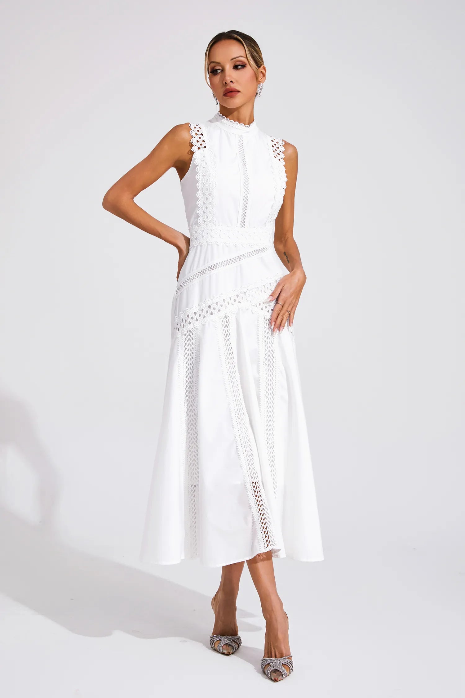 Gracia – Lace panel – Pleated midi dress-10174851580231-Ivory Ombre