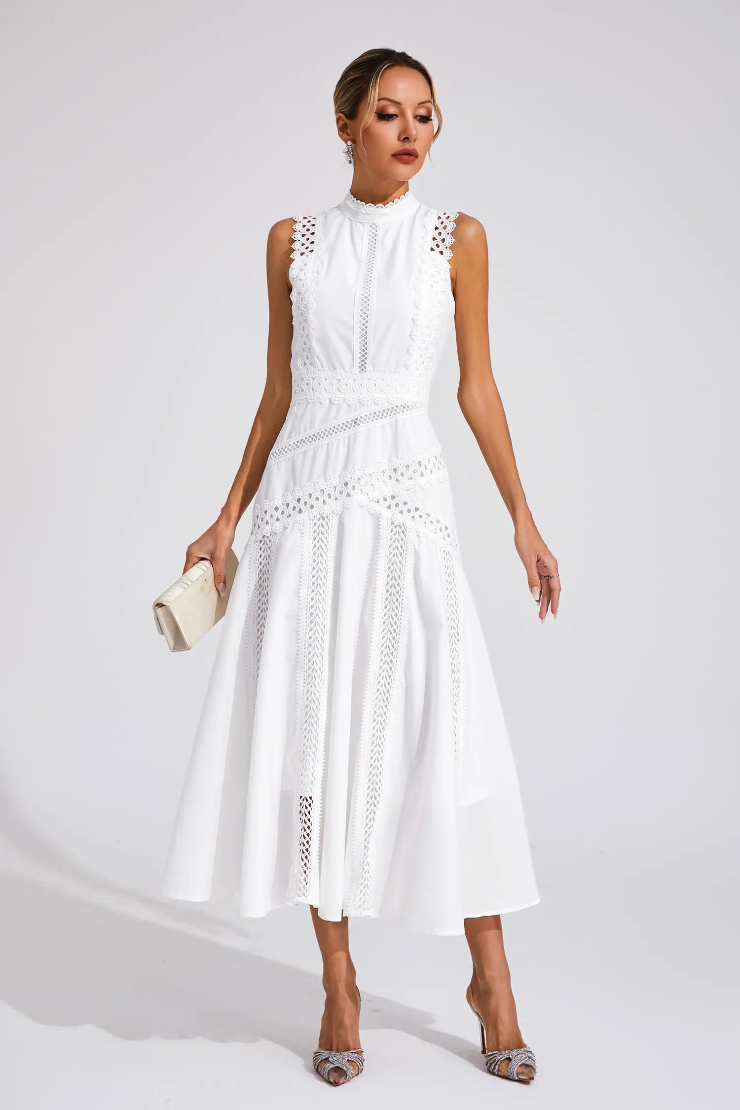 Gracia – Lace panel – Pleated midi dress-10174851580231-Ivory Ombre
