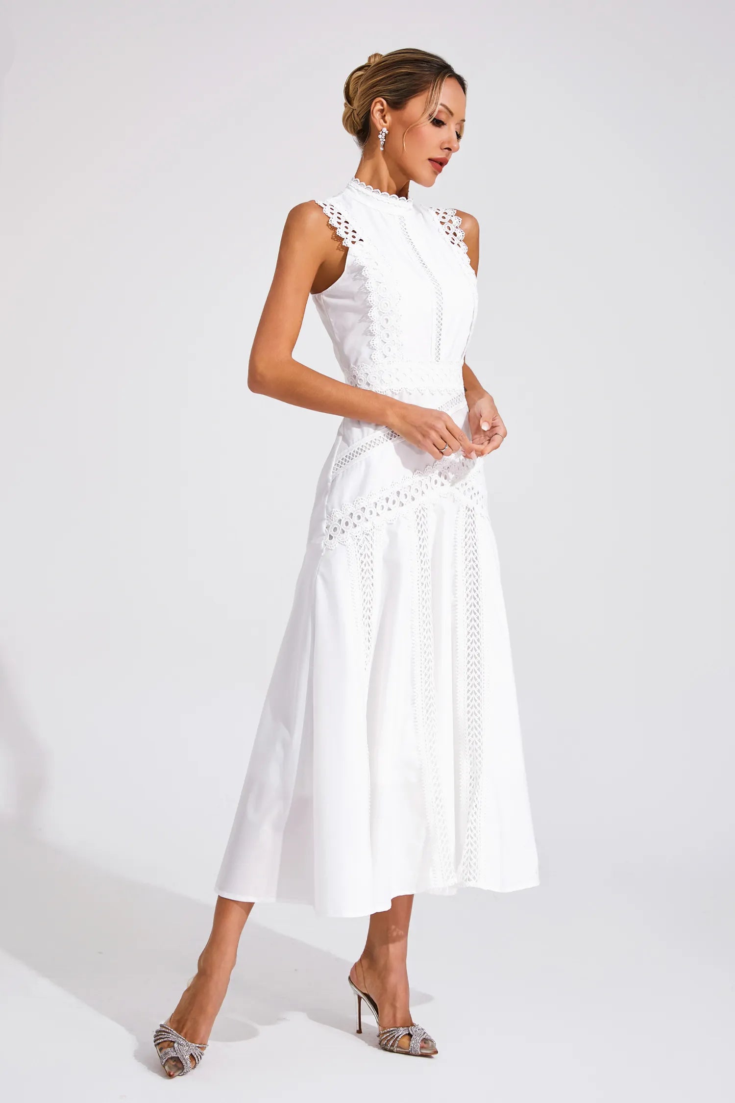 Gracia – Lace panel – Pleated midi dress-10174851580231-Ivory Ombre