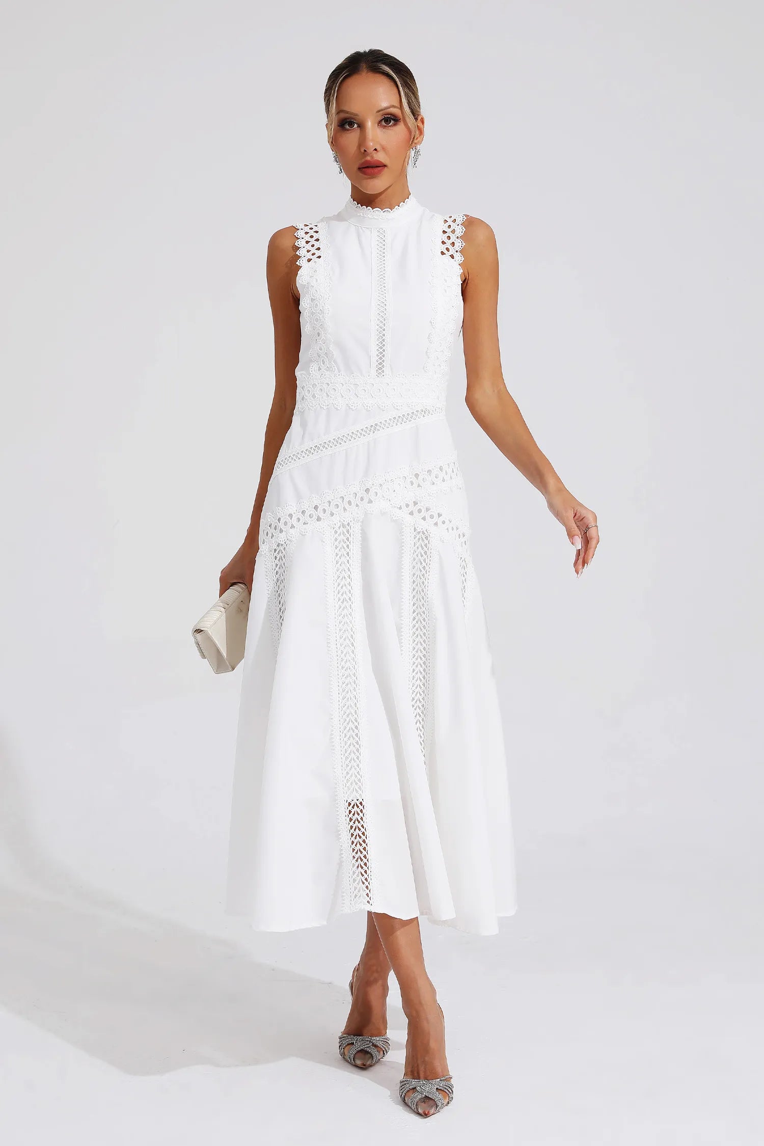Gracia – Lace panel – Pleated midi dress-10174851580231-Ivory Ombre