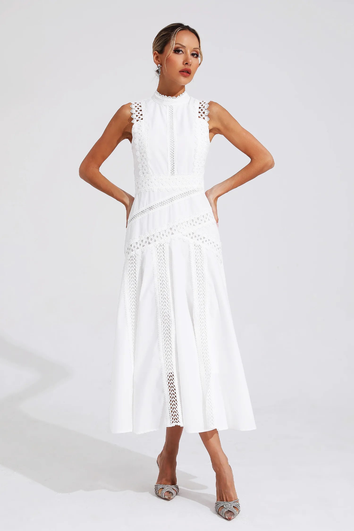Gracia – Lace panel – Pleated midi dress-10174851580231-Ivory Ombre