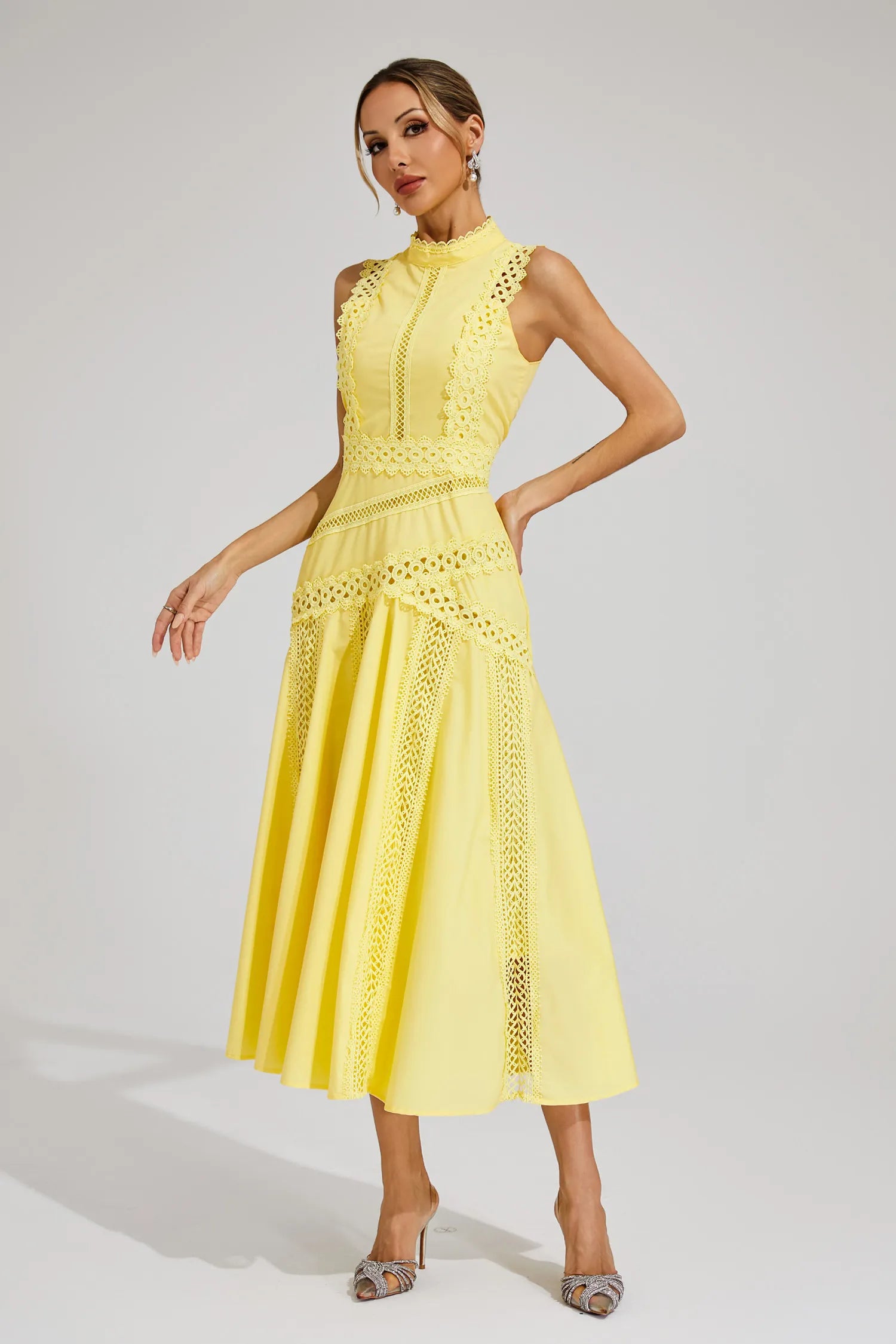 Gracia – Lace panel – Pleated midi dress-10174851580231-Ivory Ombre