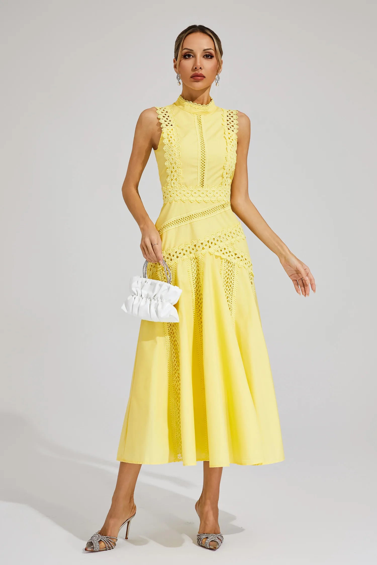Gracia – Lace panel – Pleated midi dress-10174851580231-Ivory Ombre