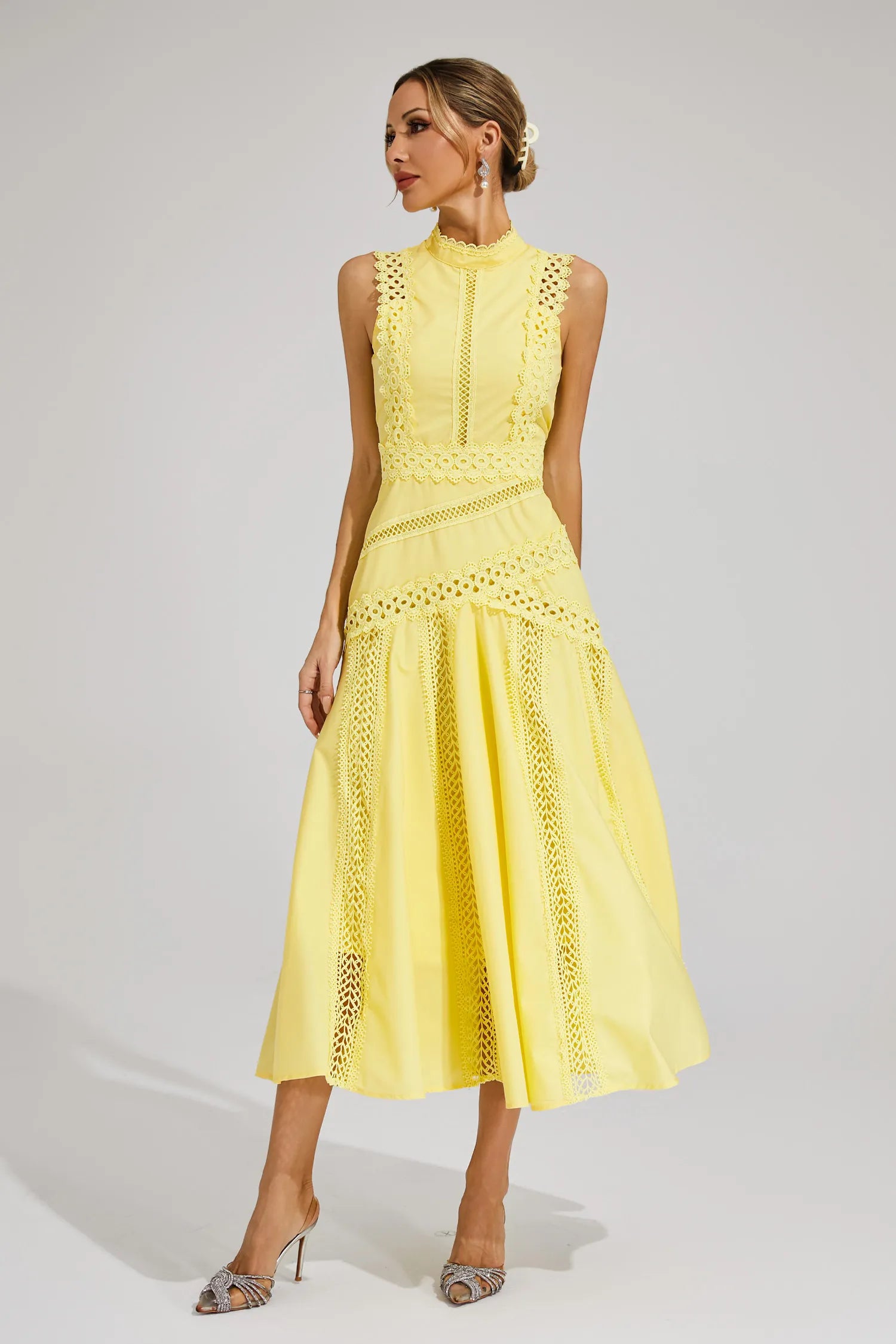 Gracia – Lace panel – Pleated midi dress-10174851580231-Ivory Ombre