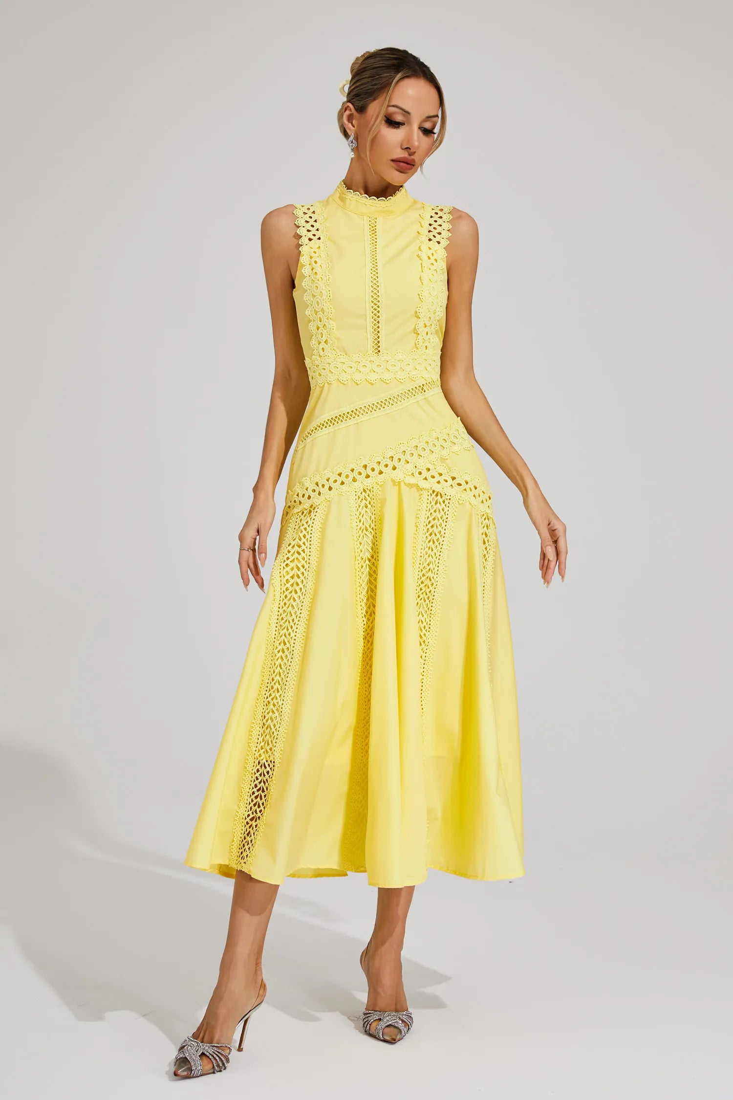 Gracia – Lace panel – Pleated midi dress-10174851580231-Ivory Ombre