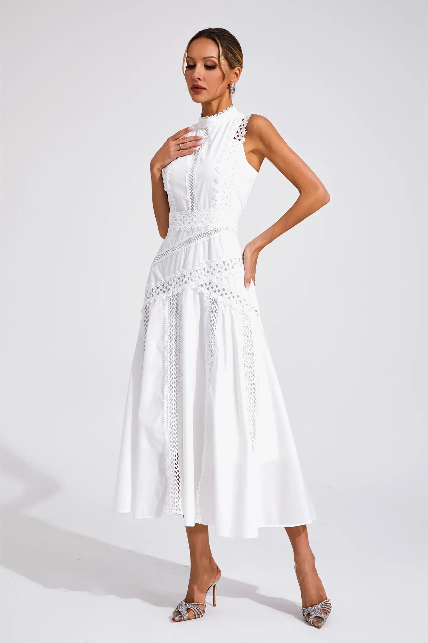 Gracia – Lace panel – Pleated midi dress-10174851580231-Ivory Ombre