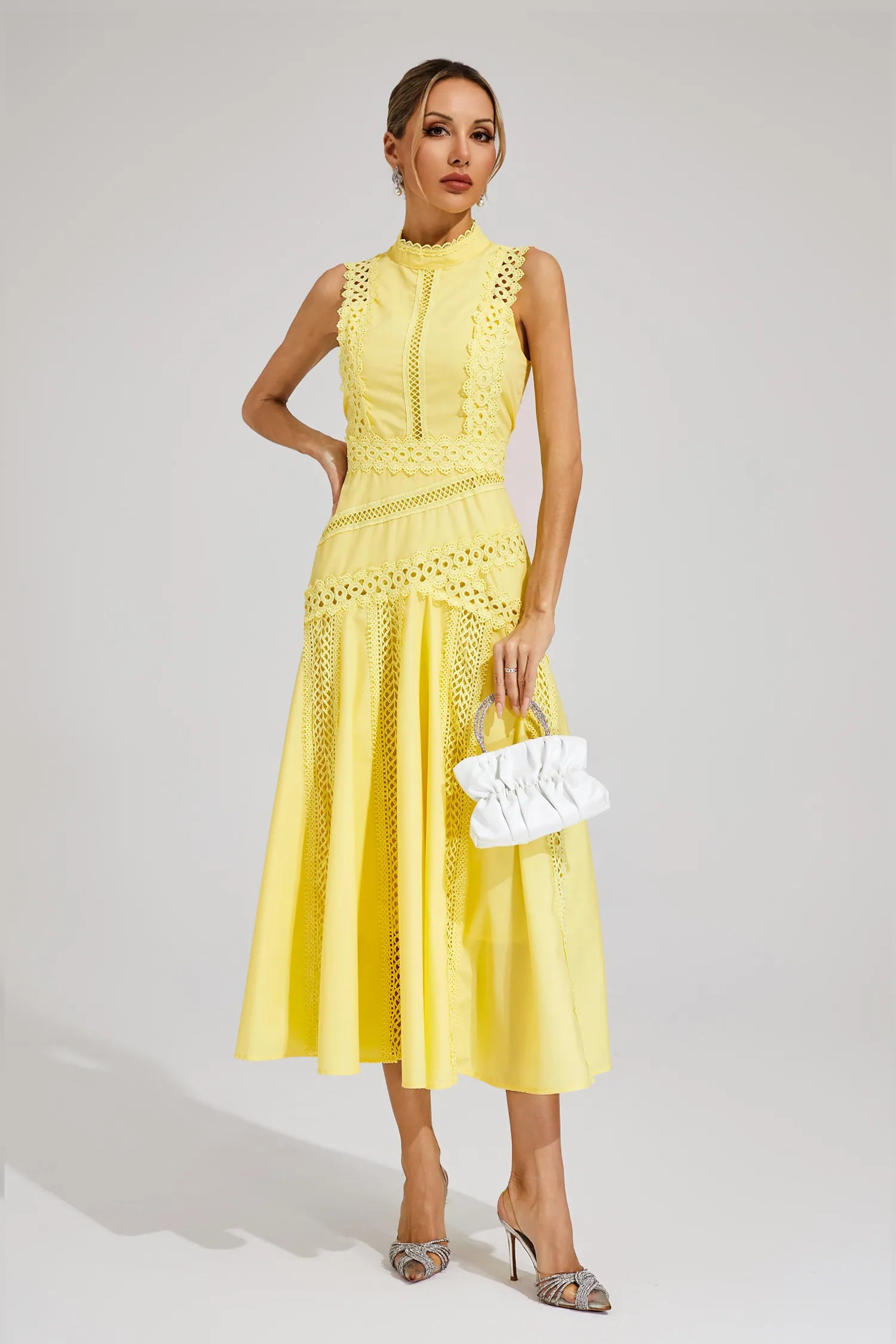 Gracia – Lace panel – Pleated midi dress-10174851580231-Ivory Ombre
