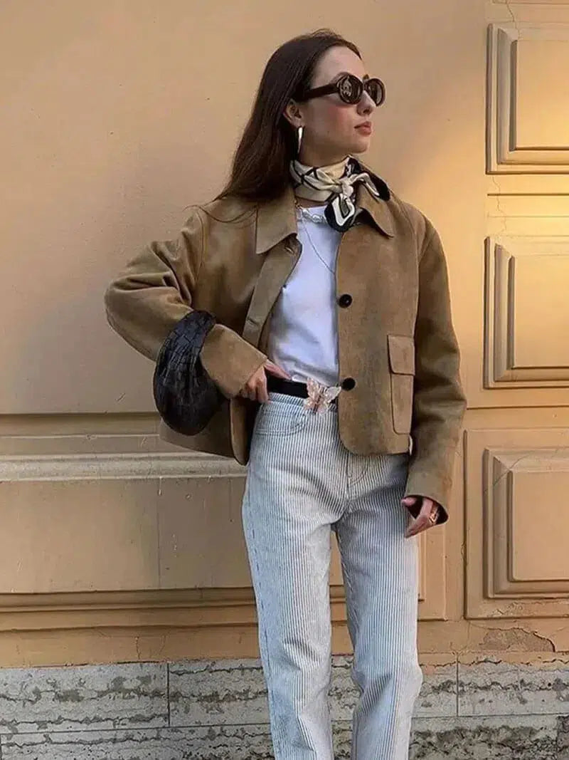 Grazia – Cropped design – Faux suede jacket-10174772609351-Ivory Ombre