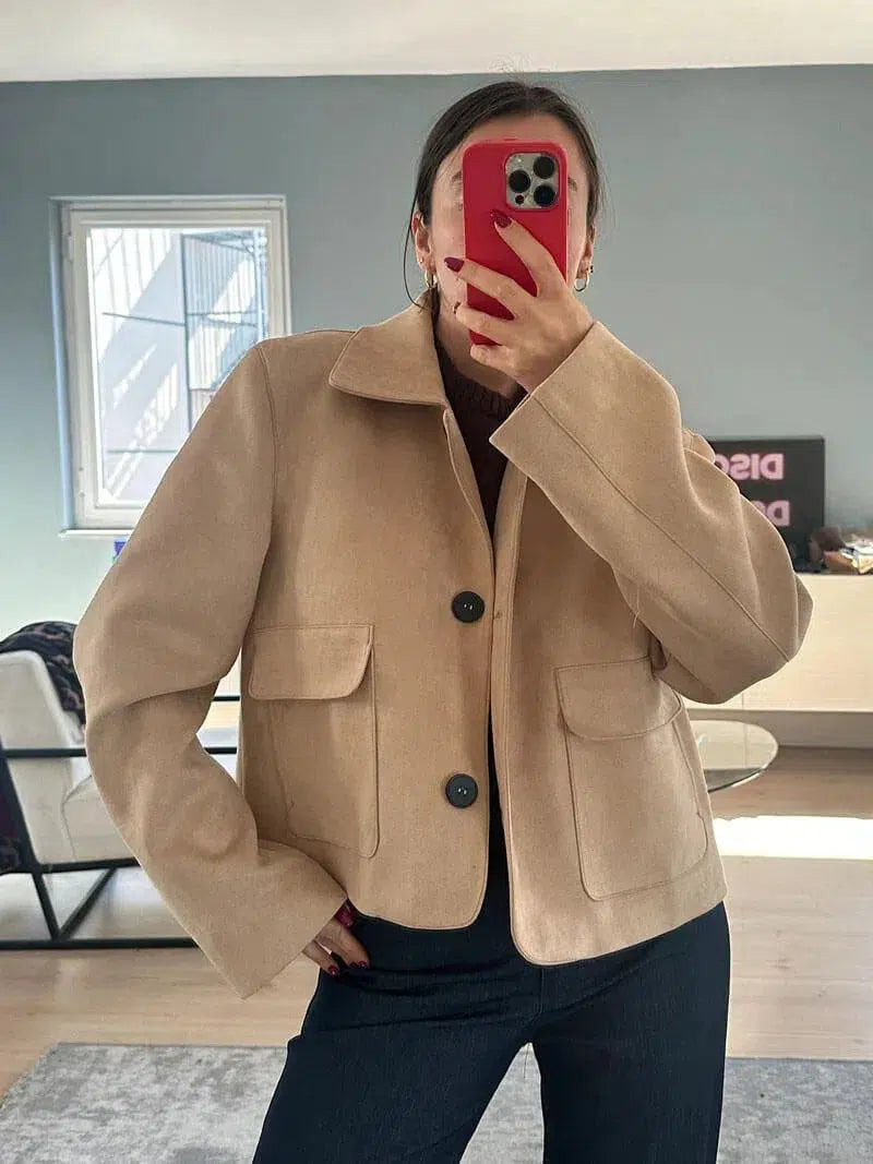 Grazia – Cropped design – Faux suede jacket-10174772609351-Ivory Ombre