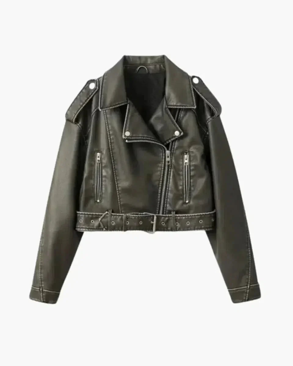 Isla – Cropped fitted design – Belted biker jacket-10174770610503-Ivory Ombre