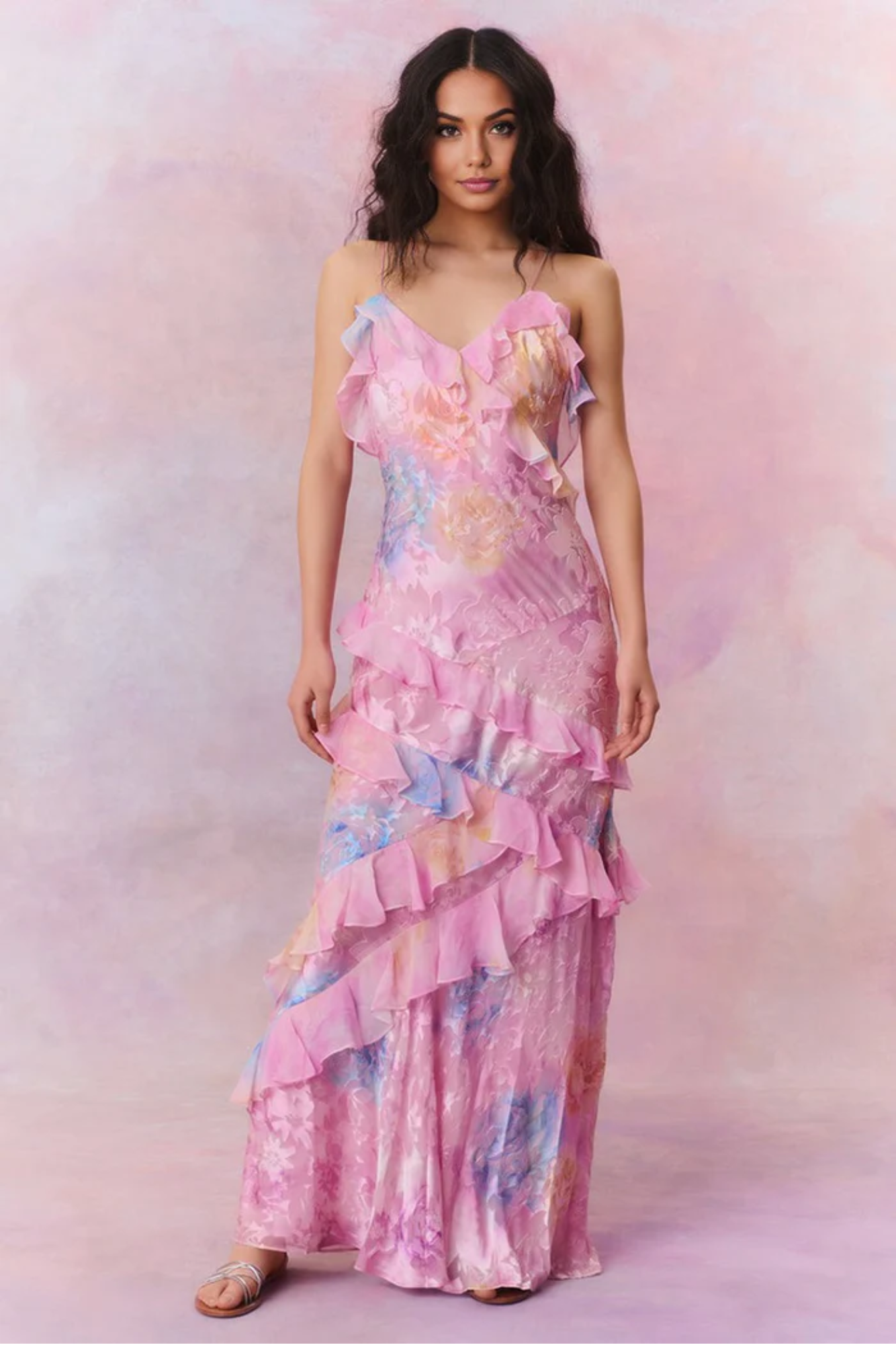 Jackelyn – Soft ruffle cascade – Sheer floral maxi dress-10174853185863-Ivory Ombre
