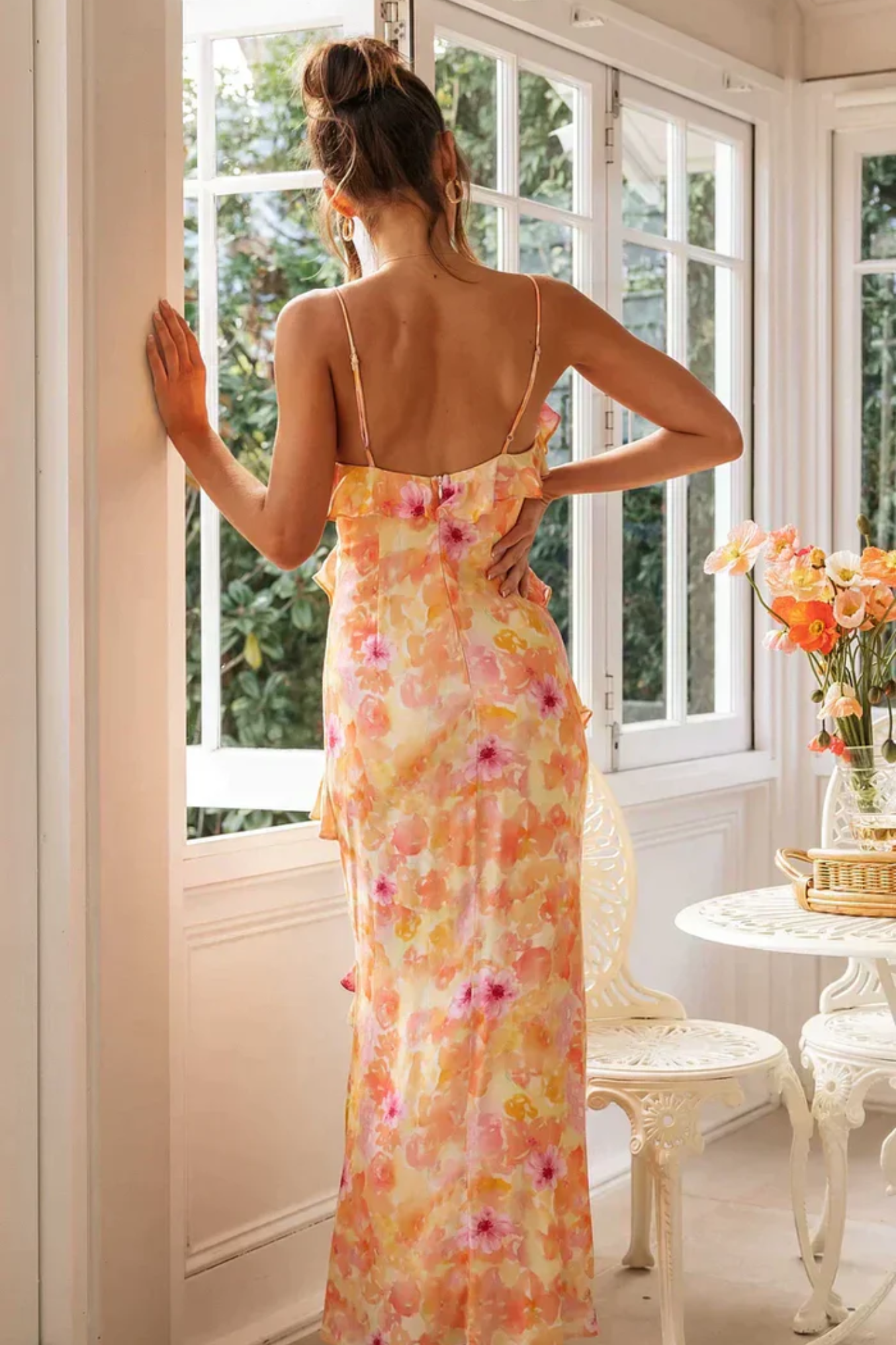 Jackelyn – Soft ruffle cascade – Sheer floral maxi dress-10174853185863-Ivory Ombre