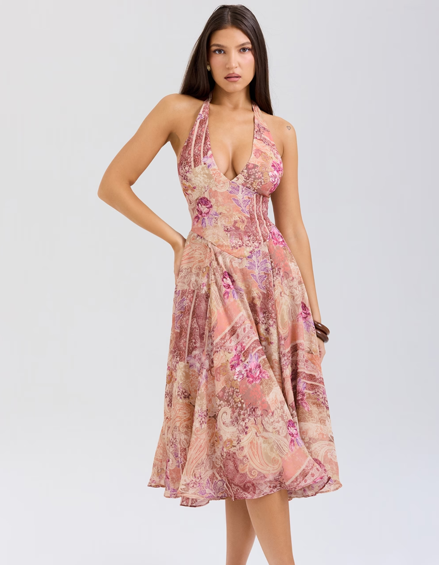 Joceline – Paisley patchwork print – Halter midi dress-10174741643591-Ivory Ombre