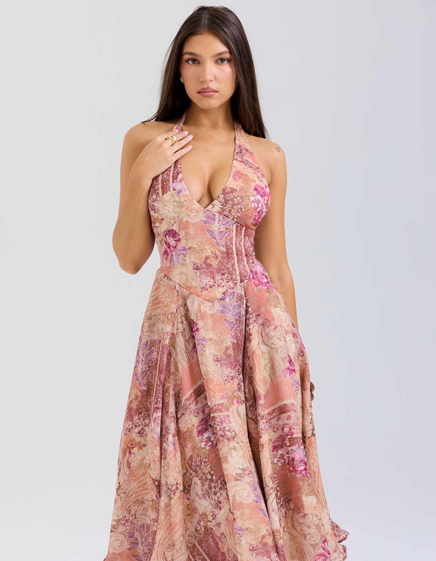 Joceline – Paisley patchwork print – Halter midi dress-10174741643591-Ivory Ombre