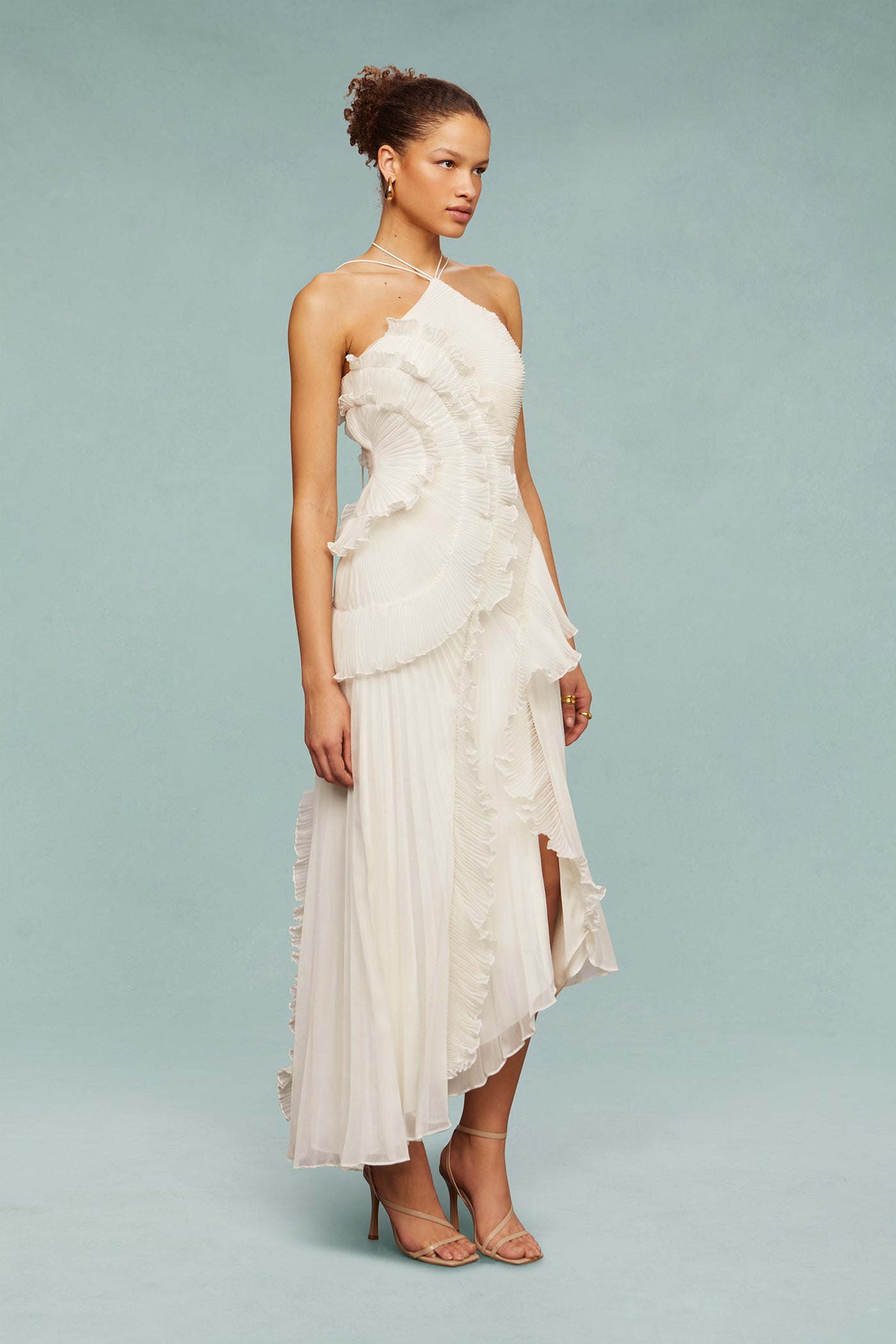 Lavirea – Sculpted pleats – One-shoulder midi dress-10193803051335-Ivory Ombre