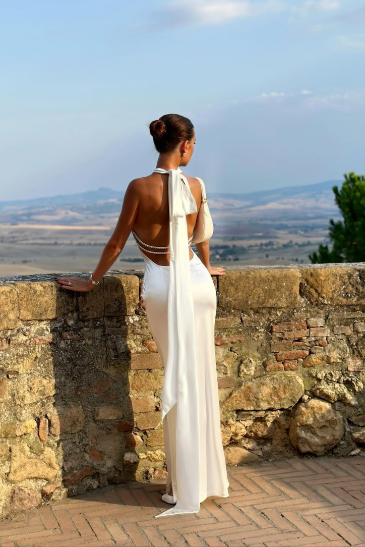 Lucerelle – Satin halter – Backless evening gown-10174858133831-Ivory Ombre