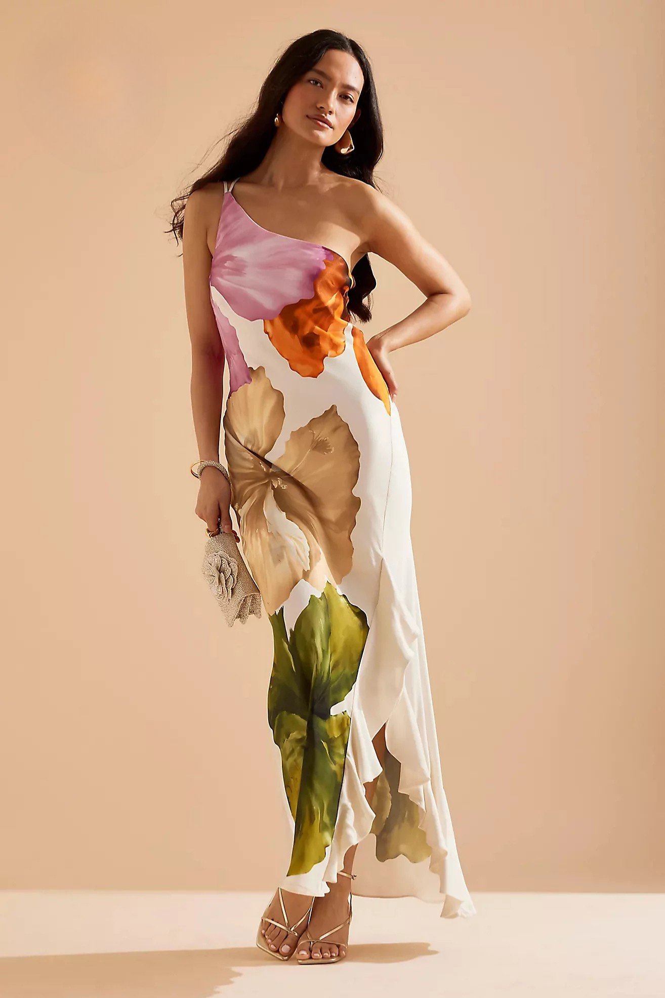 Lucinaé – Floral drape – One-shoulder maxi dress-10174848074055-Ivory Ombre