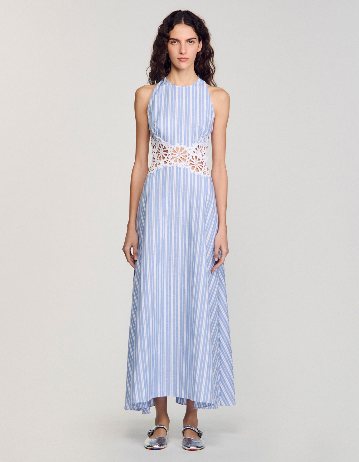 Lunarae – Lace cutout detail – Striped midi dress-10183315226951-Ivory Ombre